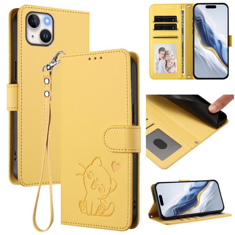 Custodia per telefono in pelle con ciondolo a forma di gatto e cuore in rilievo, completa di cinturino da polso., For iPhone 14 / 13, For iPhone 14 Pro