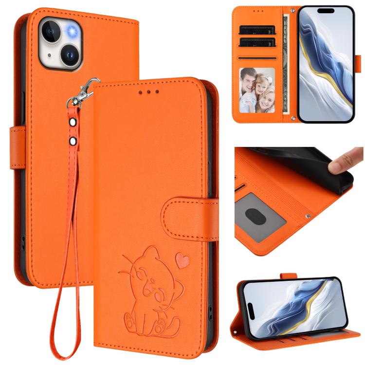 Custodia per telefono in pelle con ciondolo a forma di gatto e cuore in rilievo, completa di cinturino da polso., For iPhone 14 / 13, For iPhone 14 Pro