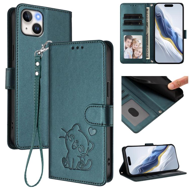 Custodia per telefono in pelle con ciondolo a forma di gatto e cuore in rilievo, completa di cinturino da polso., For iPhone 14 / 13, For iPhone 14 Pro