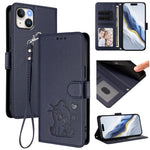 Custodia per telefono in pelle con ciondolo a forma di gatto e cuore in rilievo, completa di cinturino da polso., For iPhone 14 / 13, For iPhone 14 Pro