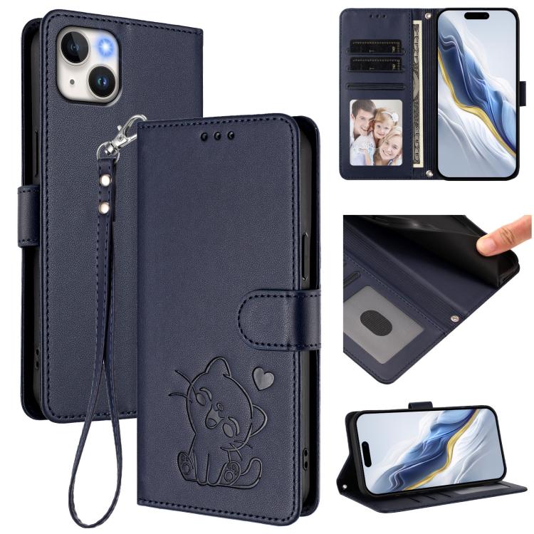Custodia per telefono in pelle con ciondolo a forma di gatto e cuore in rilievo, completa di cinturino da polso., For iPhone 14 / 13, For iPhone 14 Pro