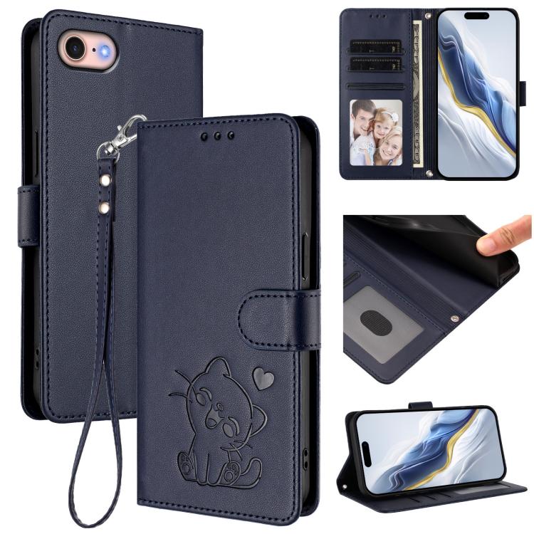 Custodia per telefono in pelle con ciondolo a forma di gatto e cuore in rilievo, completa di cinturino da polso., For iPhone 14 Pro Max, For iPhone 7 / 8 / SE 2022