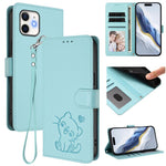Custodia per telefono in pelle con ciondolo a forma di gatto e cuore in rilievo, completa di cinturino da polso., For iPhone 13 mini, For iPhone 12 / 12 Pro