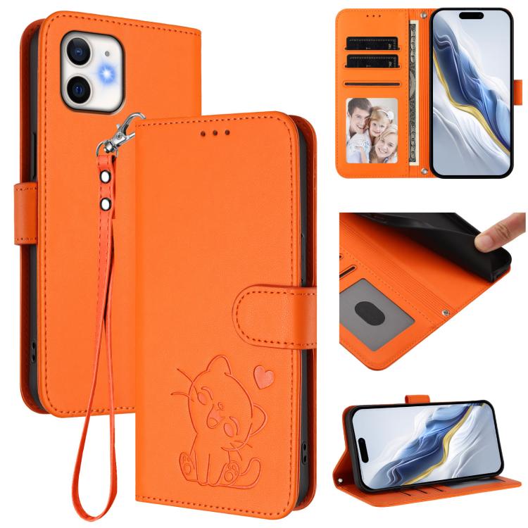 Custodia per telefono in pelle con ciondolo a forma di gatto e cuore in rilievo, completa di cinturino da polso., For iPhone 13 mini, For iPhone 12 / 12 Pro