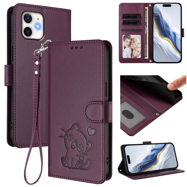 Custodia per telefono in pelle con ciondolo a forma di gatto e cuore in rilievo, completa di cinturino da polso., For iPhone 13 mini, For iPhone 12 / 12 Pro