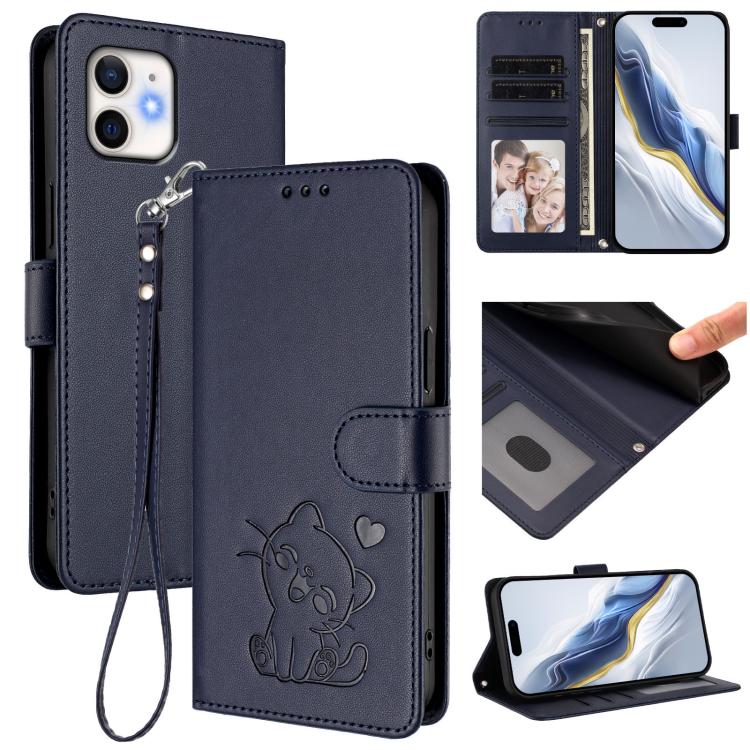 Custodia per telefono in pelle con ciondolo a forma di gatto e cuore in rilievo, completa di cinturino da polso., For iPhone 13 mini, For iPhone 12 / 12 Pro