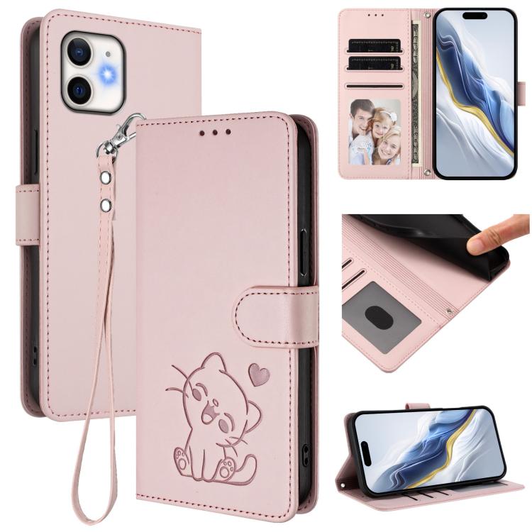 Custodia per telefono in pelle con ciondolo a forma di gatto e cuore in rilievo, completa di cinturino da polso., For iPhone 11 Pro Max, For iPhone 11