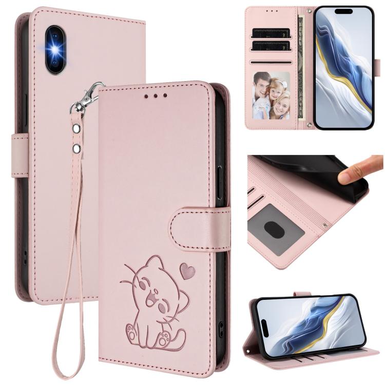 Custodia per telefono in pelle con ciondolo a forma di gatto e cuore in rilievo, completa di cinturino da polso., For iPhone 11 Pro, For iPhone X / XS