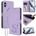 Custodia per telefono in pelle con ciondolo a forma di gatto e cuore in rilievo, completa di cinturino da polso., For iPhone 11 Pro, For iPhone X / XS