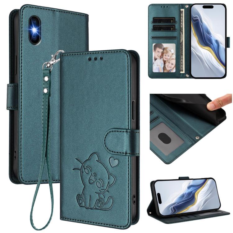 Custodia per telefono in pelle con ciondolo a forma di gatto e cuore in rilievo, completa di cinturino da polso., For iPhone 11 Pro, For iPhone X / XS
