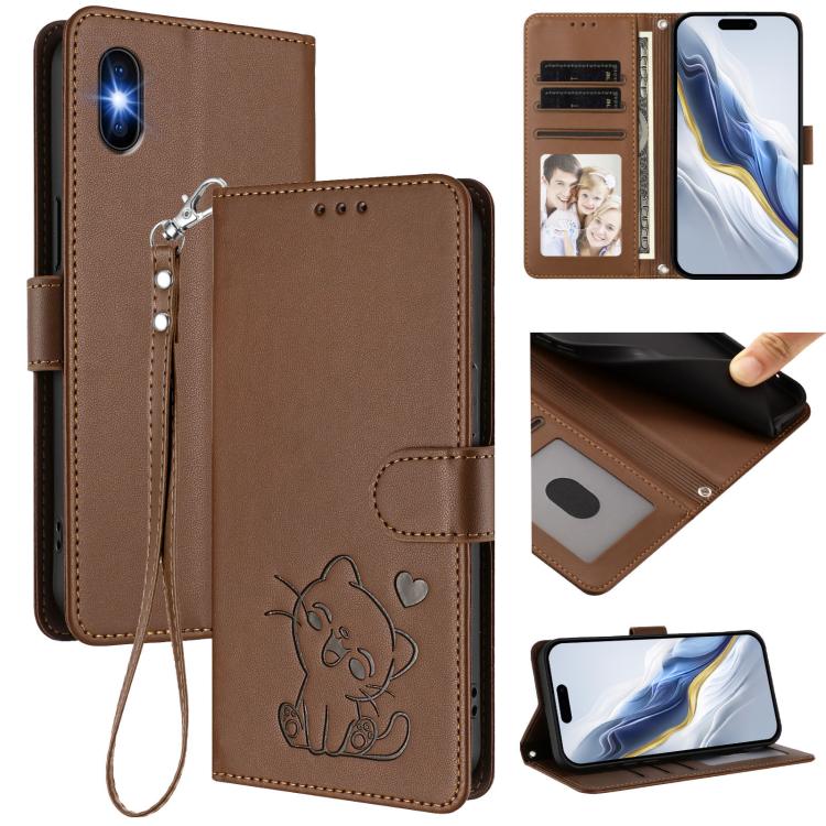 Custodia per telefono in pelle con ciondolo a forma di gatto e cuore in rilievo, completa di cinturino da polso., For iPhone 11 Pro, For iPhone X / XS