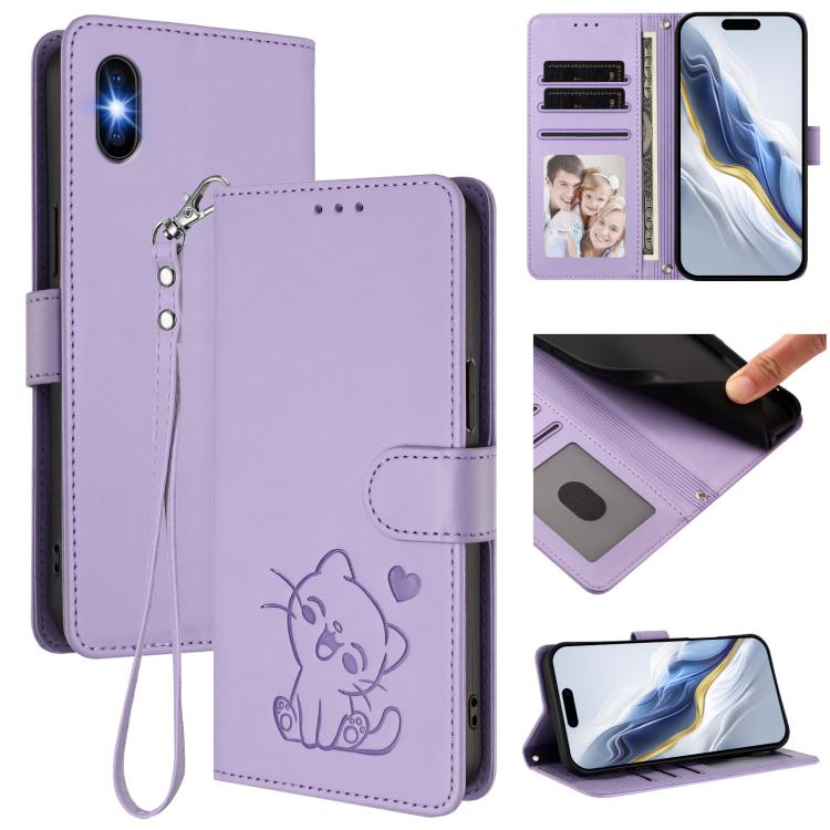 Custodia per telefono in pelle con ciondolo a forma di gatto e cuore in rilievo, completa di cinturino da polso., For iPhone XR, For iPhone XS Max