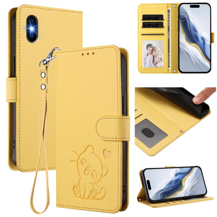 Custodia per telefono in pelle con ciondolo a forma di gatto e cuore in rilievo, completa di cinturino da polso., For iPhone XR, For iPhone XS Max