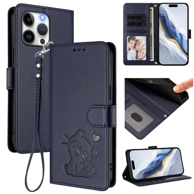 Custodia per telefono in pelle con ciondolo a forma di gatto e cuore in rilievo, completa di cinturino da polso., For iPhone 14 / 13, For iPhone 14 Pro