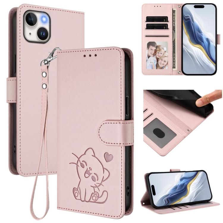 Custodia per telefono in pelle con ciondolo a forma di gatto e cuore in rilievo, completa di cinturino da polso., For iPhone 13 mini, For iPhone 12 / 12 Pro