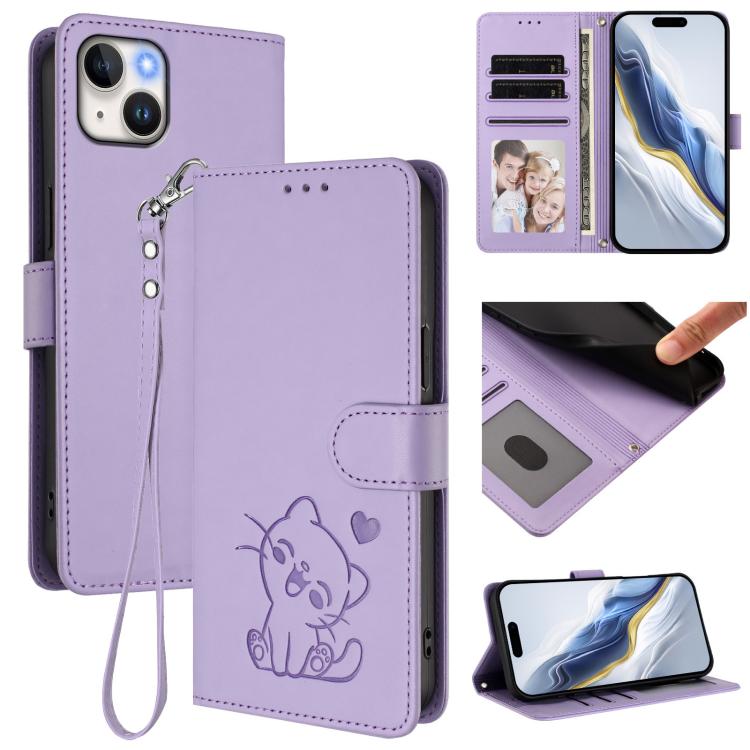 Custodia per telefono in pelle con ciondolo a forma di gatto e cuore in rilievo, completa di cinturino da polso., For iPhone 13 mini, For iPhone 12 / 12 Pro
