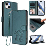 Custodia per telefono in pelle con ciondolo a forma di gatto e cuore in rilievo, completa di cinturino da polso., For iPhone 13 mini, For iPhone 12 / 12 Pro