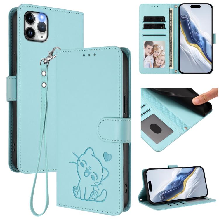 Custodia per telefono in pelle con ciondolo a forma di gatto e cuore in rilievo, completa di cinturino da polso., For iPhone 11 Pro, For iPhone X / XS