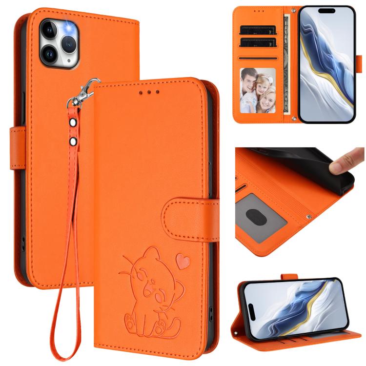 Custodia per telefono in pelle con ciondolo a forma di gatto e cuore in rilievo, completa di cinturino da polso., For iPhone 11 Pro, For iPhone X / XS