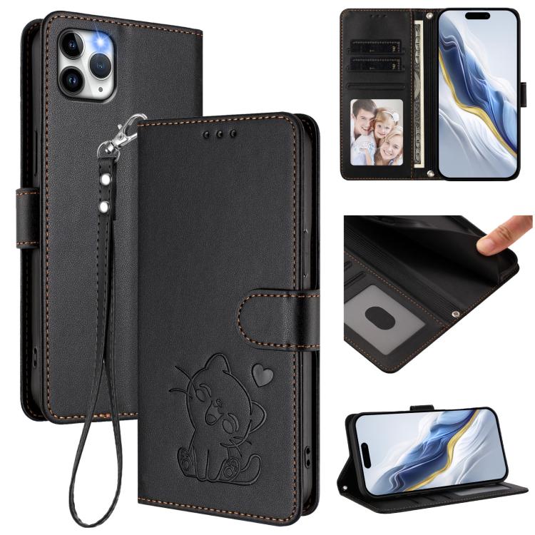 Custodia per telefono in pelle con ciondolo a forma di gatto e cuore in rilievo, completa di cinturino da polso., For iPhone 11 Pro, For iPhone X / XS