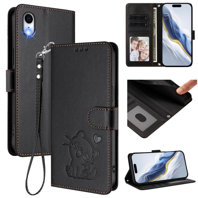 Custodia per telefono in pelle con ciondolo a forma di gatto e cuore in rilievo, completa di cinturino da polso., For iPhone XR, For iPhone XS Max