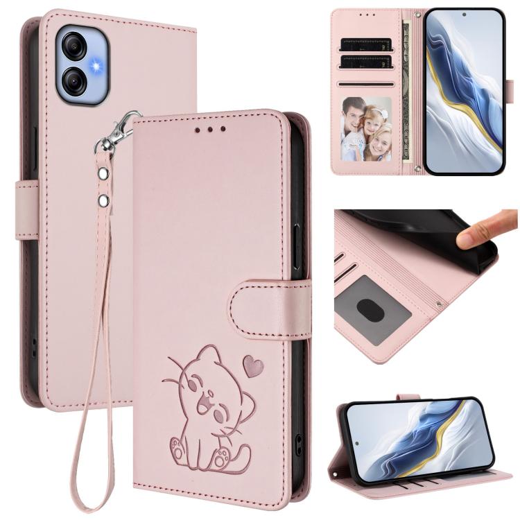 Custodia in pelle con ciondolo a gatto e cuore per Samsung Galaxy A04e 4G e A14