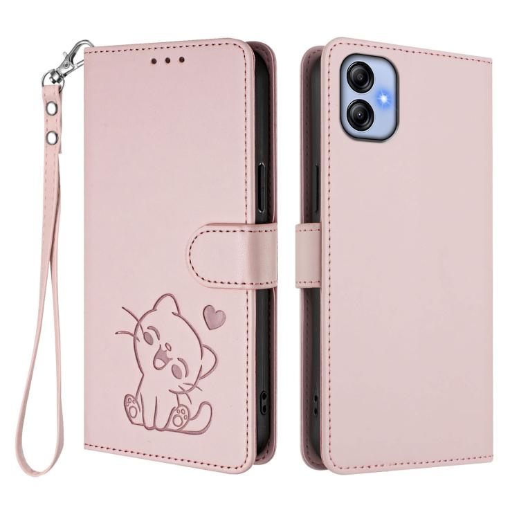 Custodia in pelle con ciondolo a gatto e cuore per Samsung Galaxy A04e 4G e A14
