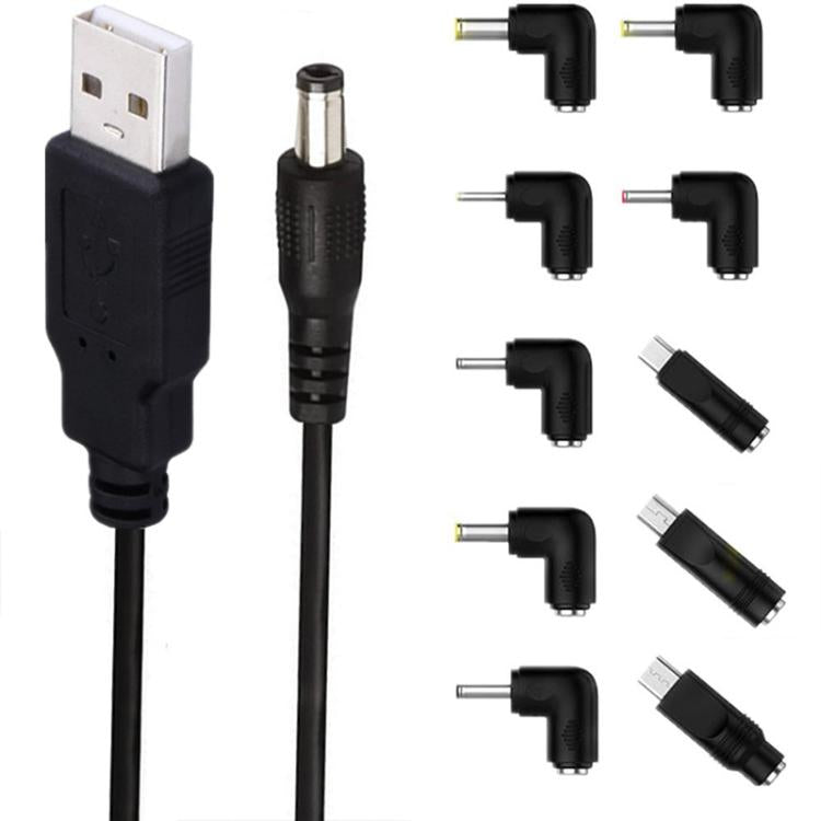 Cavo alimentazione USB a DC 5.5x2.1mm 1.5m con 10 adattatori