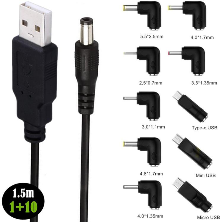 Cavo alimentazione USB a DC 5.5x2.1mm 1.5m con 10 adattatori