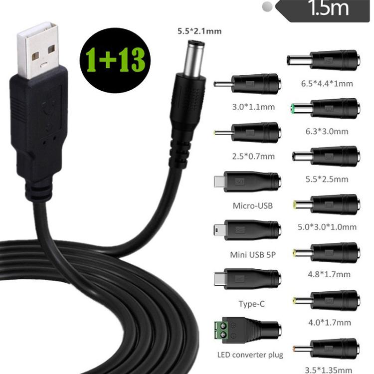 Cavo alimentazione USB a DC 5.5x2.1mm 1.5m con 13 adattatori
