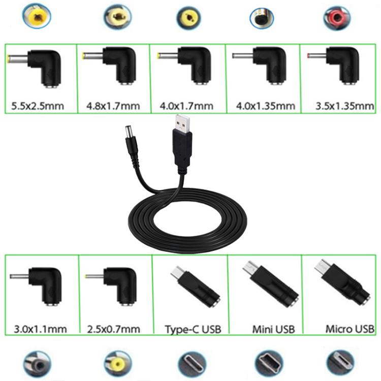 Cavo alimentazione USB a DC 5.5x2.1mm 1.5m con 13 adattatori