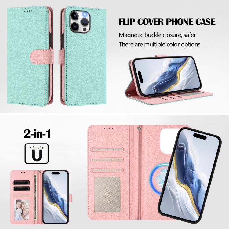 Custodia per telefono in ecopelle vegana con texture litchi rimovibile e chiusura magnetica laterale., For iPhone 15 Pro Max, For iPhone 15 Pro, For iPhone 15 Plus, For iPhone 15