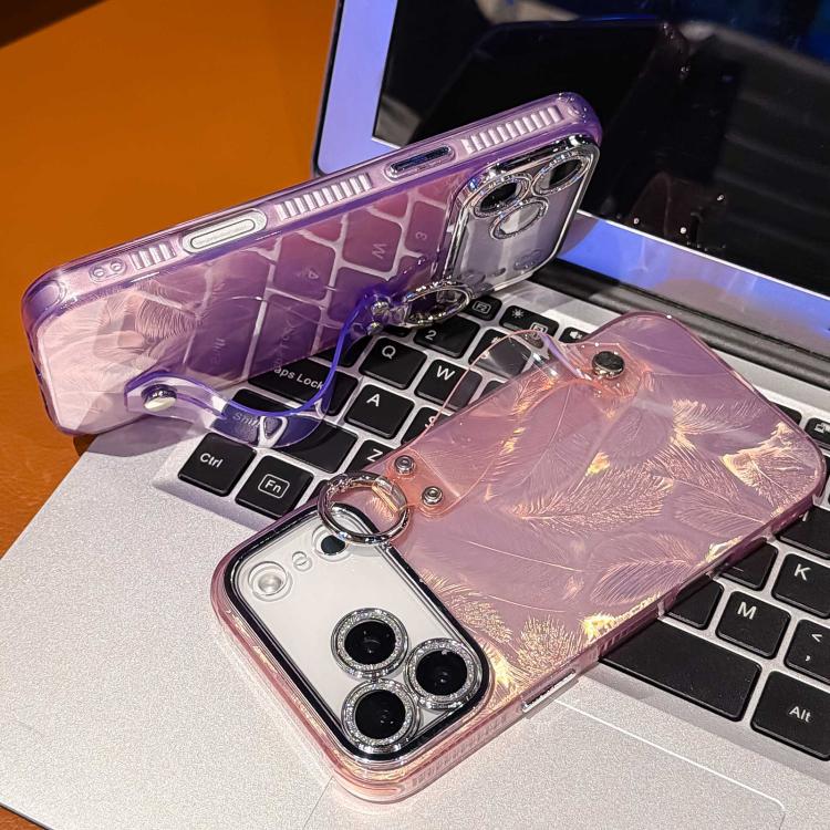 Custodia per telefono in TPU con cinturino da polso e pellicola protettiva per obiettivo, con texture a piuma placcata., For iPhone 17 Pro Max, For iPhone 17 Pro, For iPhone 17, For iPhone Air, For iPhone 16 Pro Max, For iPhone 16 Pro, For iPhone 16 Pl...