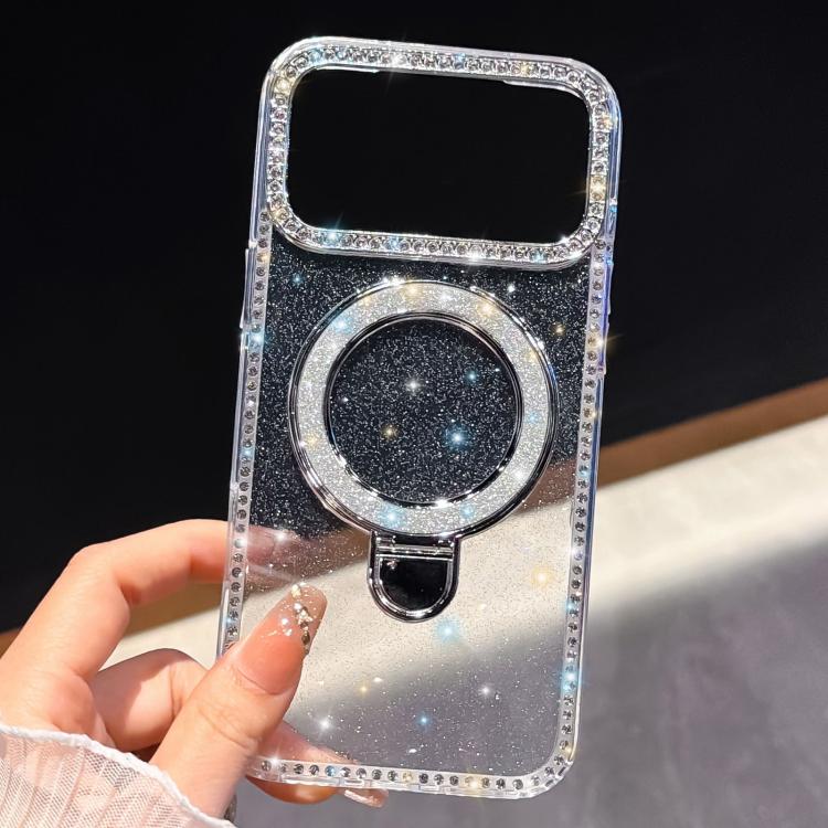 Custodia per telefono IMD a doppia faccia con supporto glitterato e strass, For iPhone 16 Pro Max, For iPhone 16 Pro, For iPhone 16 Plus, For iPhone 16