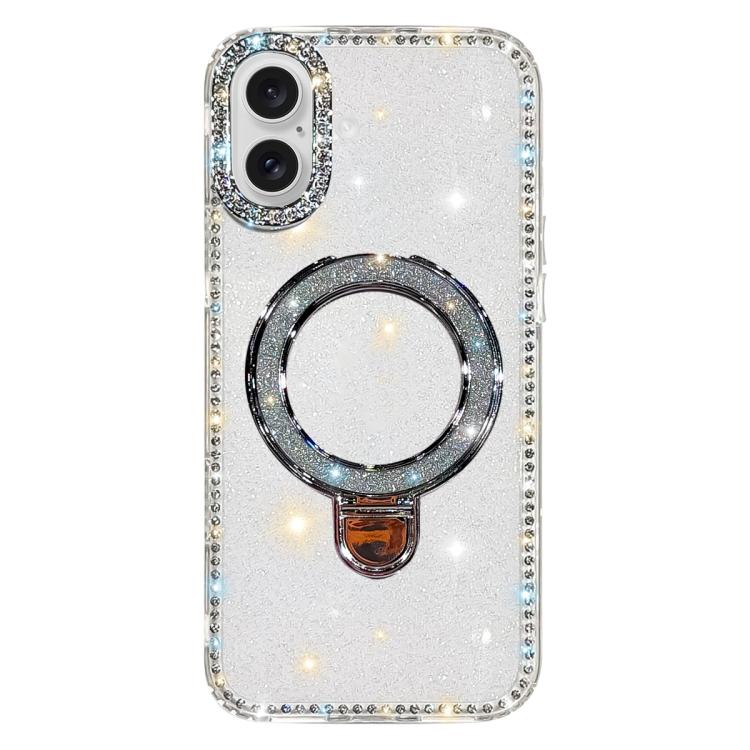 Custodia per telefono IMD a doppia faccia con supporto glitterato e strass, For iPhone 16 Pro Max, For iPhone 16 Pro, For iPhone 16 Plus, For iPhone 16