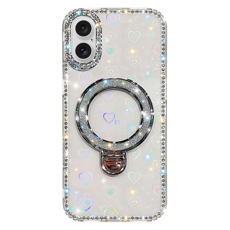 Custodia per telefono IMD a doppia faccia con supporto glitterato e strass, For iPhone 16 Pro Max, For iPhone 16 Pro, For iPhone 16 Plus, For iPhone 16
