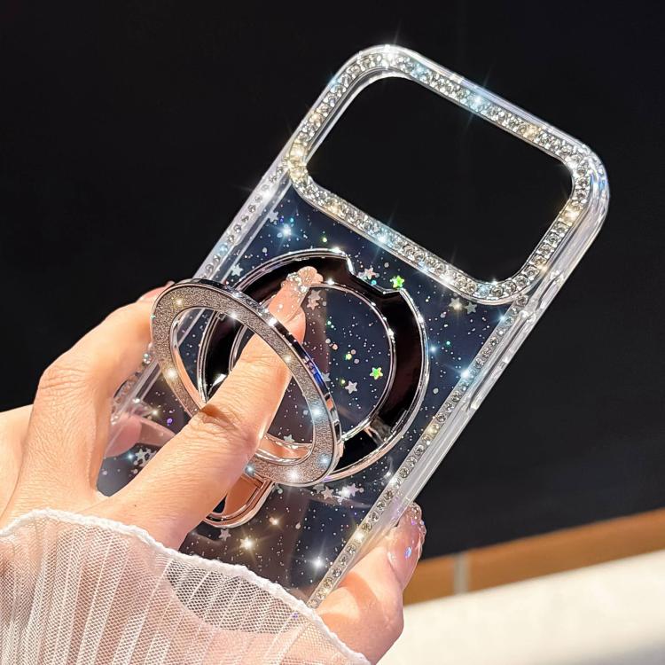 Custodia per telefono IMD a doppia faccia con supporto glitterato e strass, For iPhone 16 Pro Max, For iPhone 16 Pro, For iPhone 16 Plus, For iPhone 16