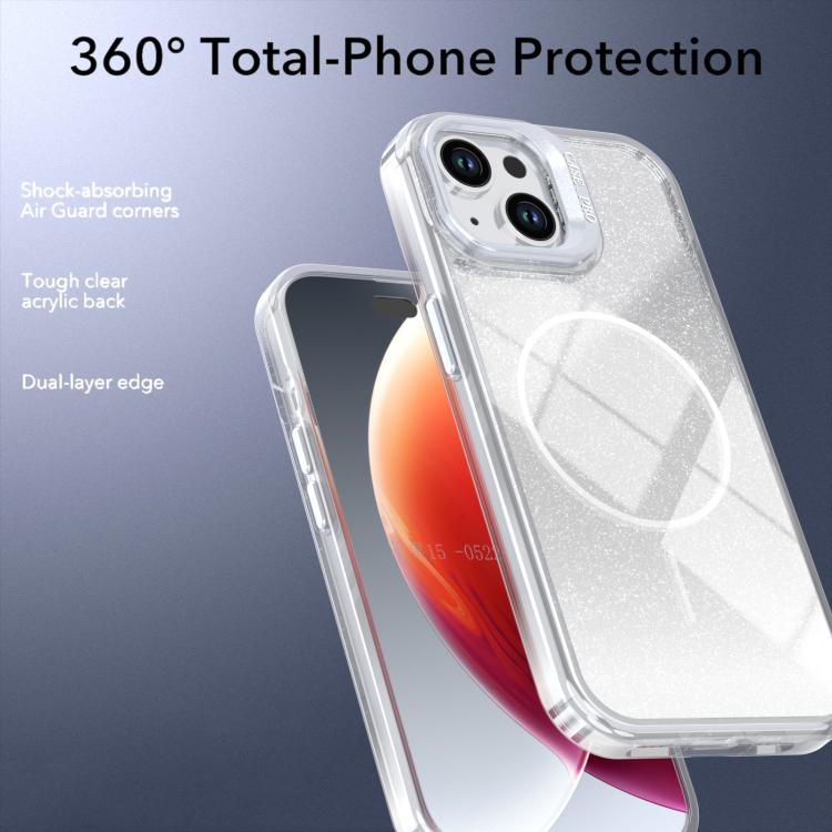 Custodia per telefono con cornice magnetica e supporto per obiettivo con effetto sfumato glitterato, For iPhone 15, For iPhone 14 Plus, For iPhone 14 / 13, For iPhone 14 Pro