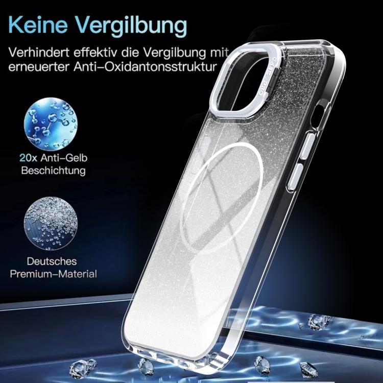 Custodia per telefono con cornice magnetica e supporto per obiettivo con effetto sfumato glitterato, For iPhone 15, For iPhone 14 Plus, For iPhone 14 / 13, For iPhone 14 Pro