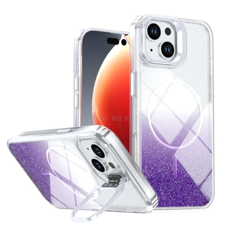 Custodia per telefono con cornice magnetica e supporto per obiettivo con effetto sfumato glitterato, For iPhone 15, For iPhone 14 Plus, For iPhone 14 / 13, For iPhone 14 Pro