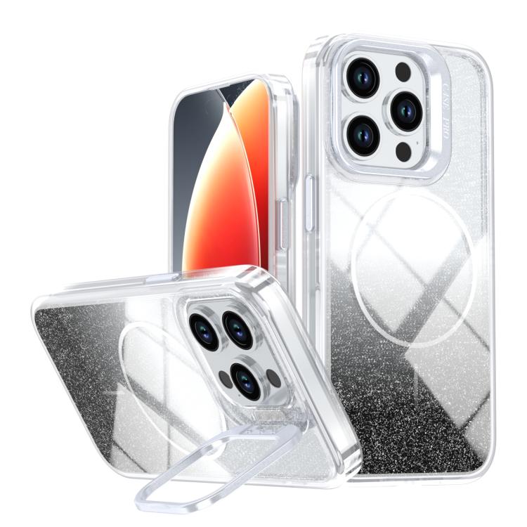 Custodia per telefono con cornice magnetica e supporto per obiettivo con effetto sfumato glitterato, For iPhone 15, For iPhone 14 Plus, For iPhone 14 / 13, For iPhone 14 Pro