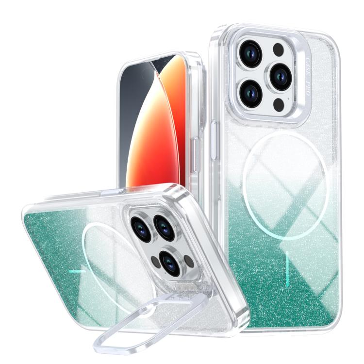 Custodia per telefono con cornice magnetica e supporto per obiettivo con effetto sfumato glitterato, For iPhone 15, For iPhone 14 Plus, For iPhone 14 / 13, For iPhone 14 Pro