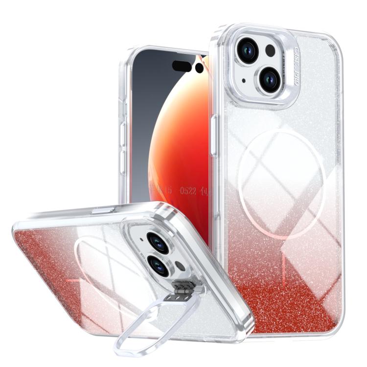Custodia per telefono con cornice magnetica e supporto per obiettivo con effetto sfumato glitterato, For iPhone 15, For iPhone 14 Plus, For iPhone 14 / 13, For iPhone 14 Pro
