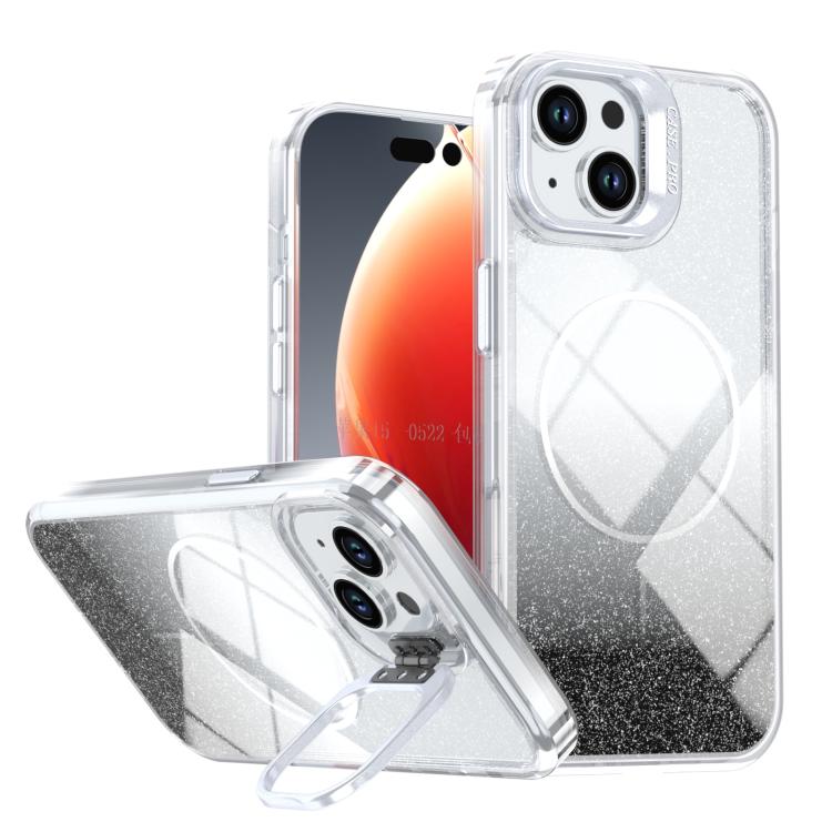 Custodia per telefono con cornice magnetica e supporto per obiettivo con effetto sfumato glitterato, For iPhone 15, For iPhone 14 Plus, For iPhone 14 / 13, For iPhone 14 Pro