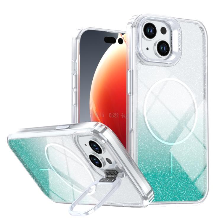 Custodia per telefono con cornice magnetica e supporto per obiettivo con effetto sfumato glitterato, For iPhone 15, For iPhone 14 Plus, For iPhone 14 / 13, For iPhone 14 Pro