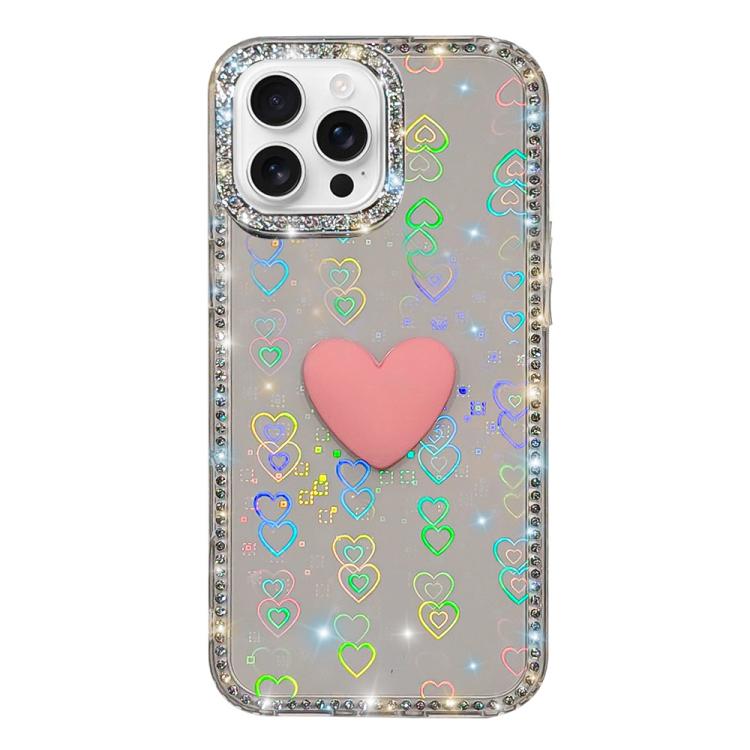 Custodia per telefono IMD Love Heart con strass flash su entrambi i lati, For iPhone 16 Pro Max, For iPhone 16 Pro