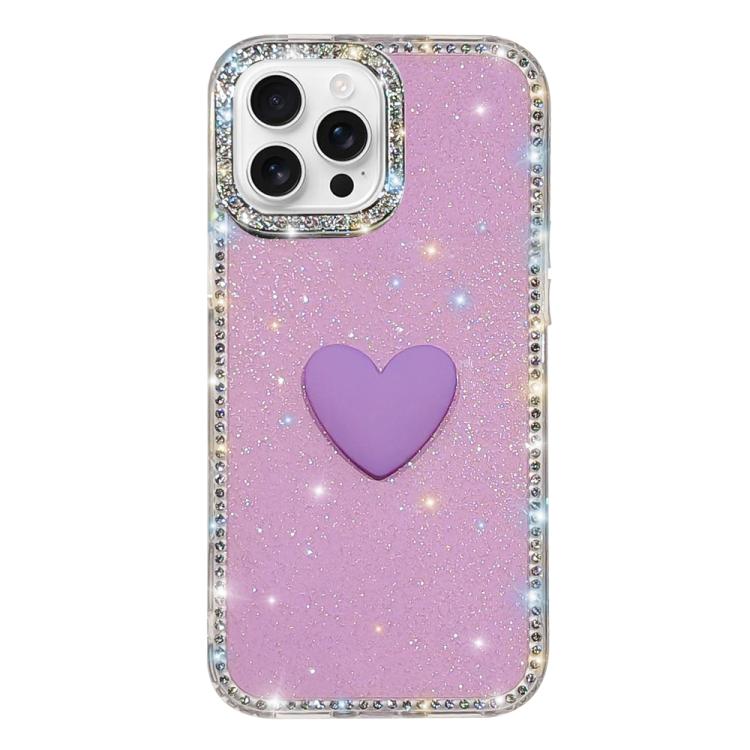 Custodia per telefono IMD Love Heart con strass flash su entrambi i lati, For iPhone 16 Pro Max, For iPhone 16 Pro