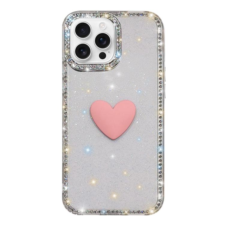Custodia per telefono IMD Love Heart con strass flash su entrambi i lati, For iPhone 16 Pro Max, For iPhone 16 Pro
