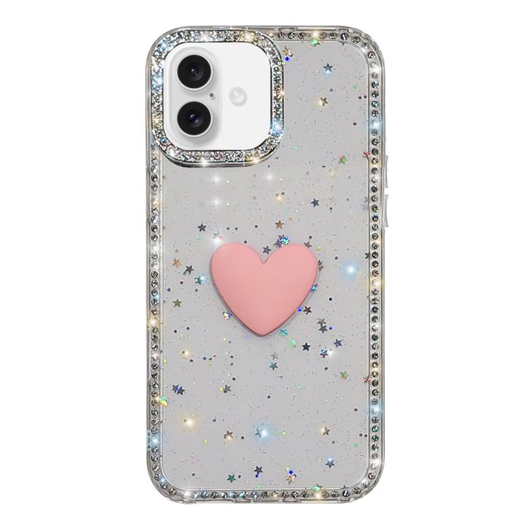Custodia per telefono IMD Love Heart con strass flash su entrambi i lati, For iPhone 16 Plus, For iPhone 16