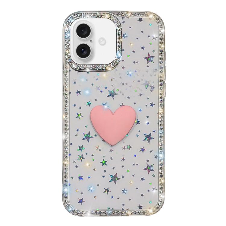Custodia per telefono IMD Love Heart con strass flash su entrambi i lati, For iPhone 16 Plus, For iPhone 16
